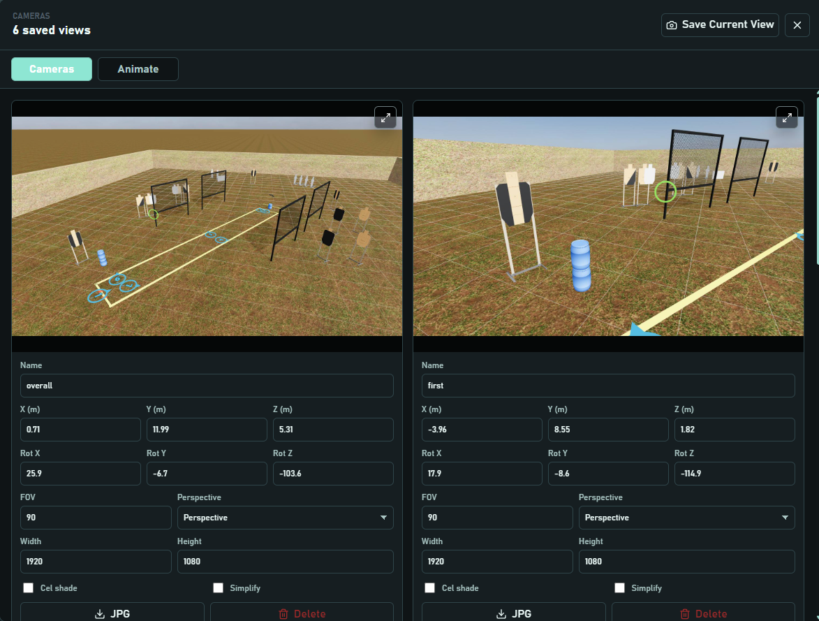 Saved camera views panel with stage screenshots and JPG export controls