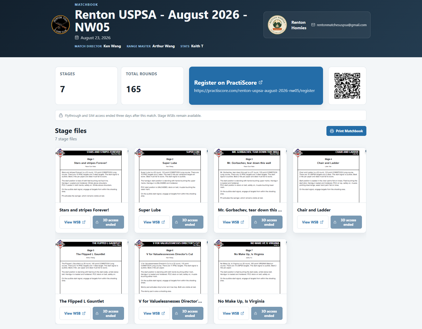 Renton USPSA August 2026 Matchbook showing match details, registration, seven stages, round count, printable WSB previews, and stage-view links