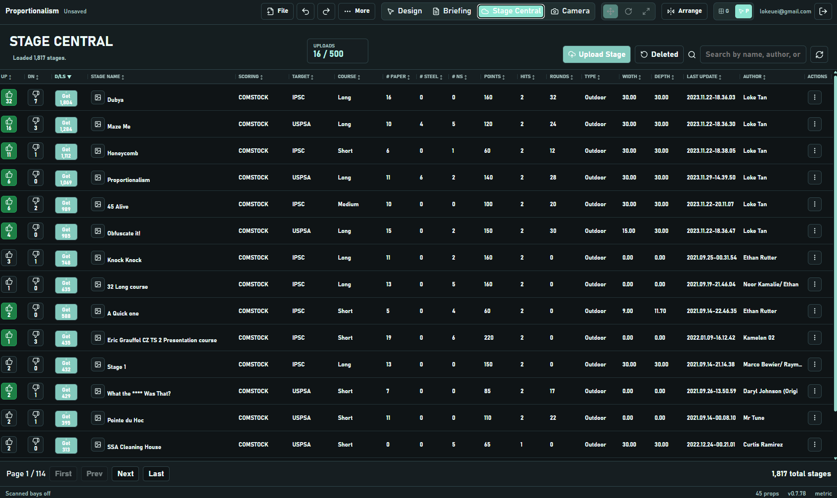 Stage Central browser with uploaded community stages, search, download, and management controls