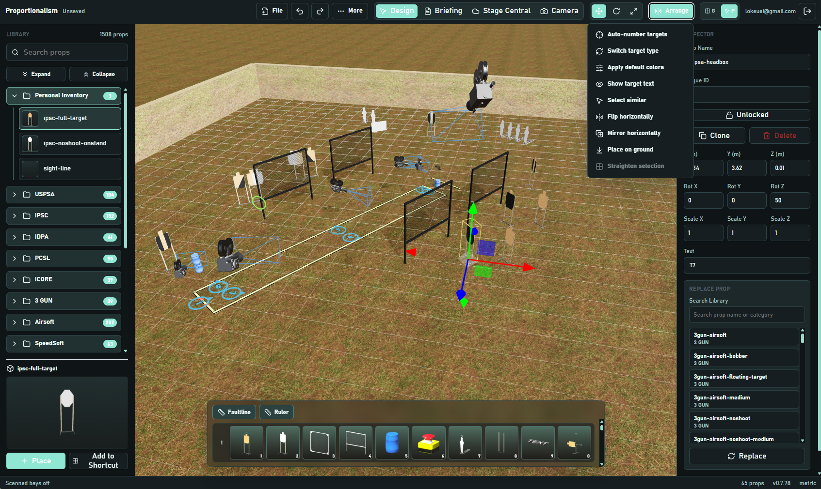 Practisim Designer web editor showing a 3D practical shooting stage with prop library, stage canvas, arrangement tools, and inspector controls