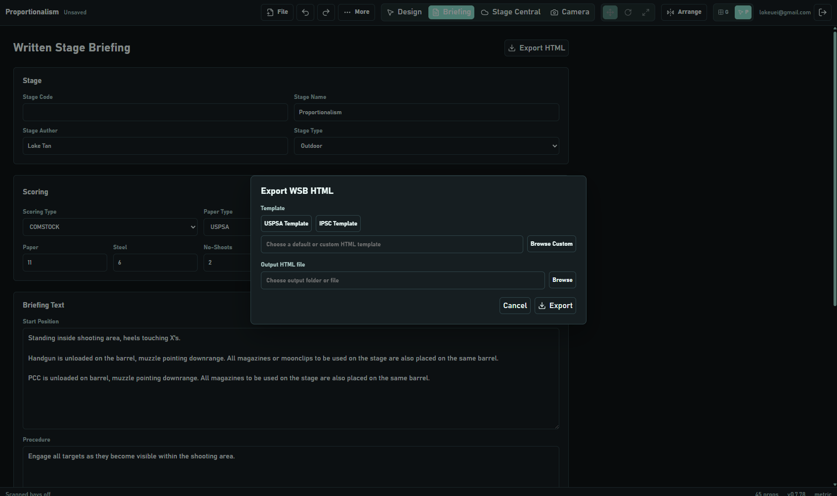 Written Stage Briefing editor with USPSA and IPSC WSB HTML export dialog